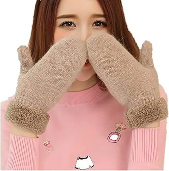 Winter Thicken Warmer Women Gloves Knitted Wool Plush Full Finger Mittens