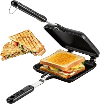 Double-Sided Frying Pan, Aluminum Sandwich Pan Breakfast, Non Stick Frying Pan Waffle Maker, Flat Bottom Panini Maker Pan with Handle, Omelette Pan Flip Pan for Cake Toast Sandwich