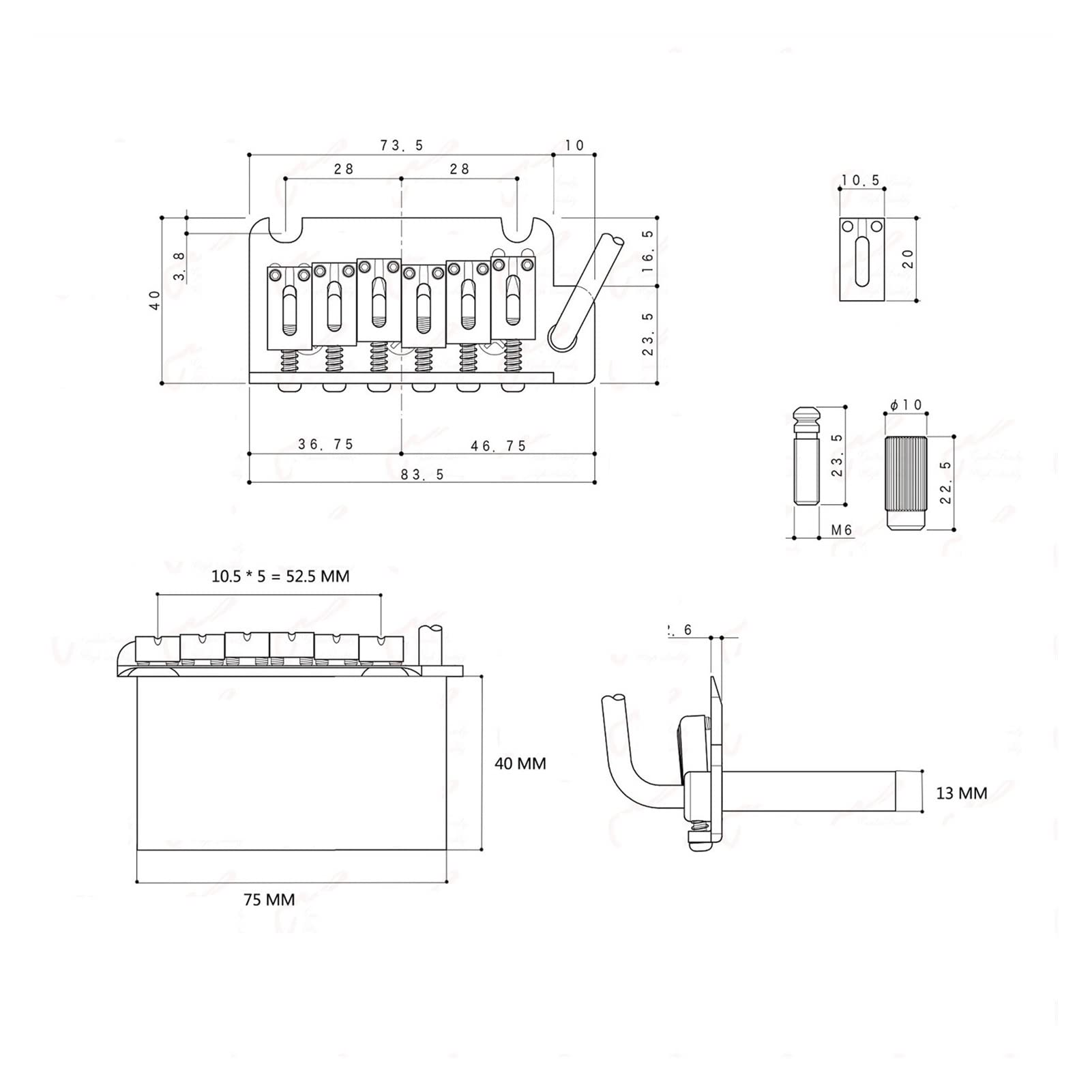 Parti di ricambio chitarra Ponte Di Sistema Tremolo Super Qualità 2 Punti Con Sella In Acciaio Inossidabile/Ottone (Color : LH B saddle B block)