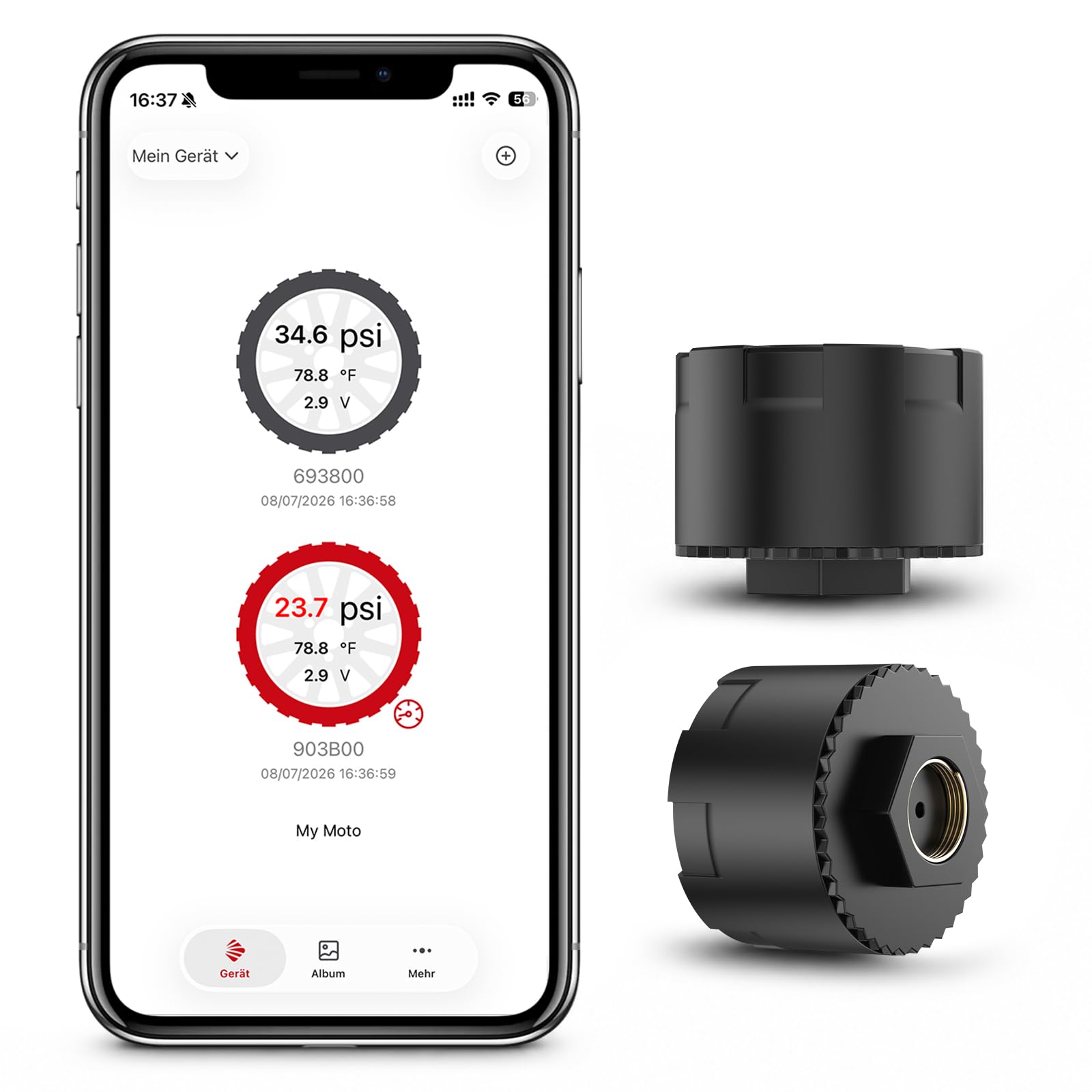 Spedal TPMS Reifendruckkontrollsystem für Motorrad, 2 Stück | Bluetooth Reifendrucksens mit App, Druck & Temperatur präzise, Wasserdicht, Echtzeit-Alarm, für iOS & Android