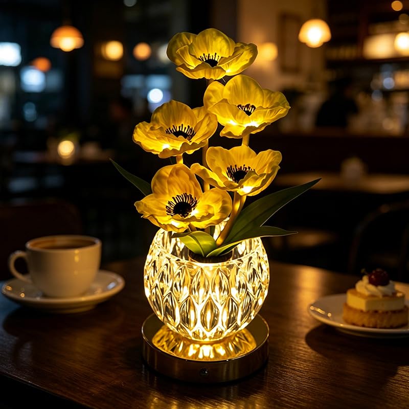 Plmmperation Lily Flower Lamps, Rechargeable Cordless Small Desk Lamp, 3 Colors Dimmable Artificial Flowers Night Light, Fake Bouquet with Crystal Vase for Home Date Party Decoration (Yellow - Poppy) — image 1