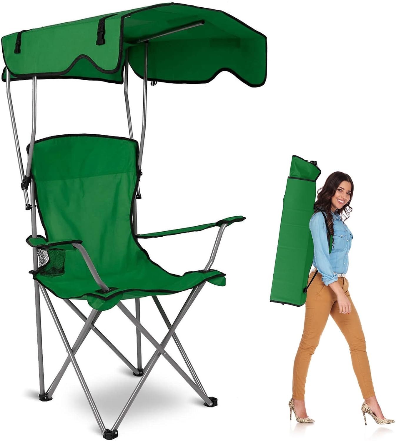 TeqHome Camp Chair with Shade Canopy, Heavy Duty Max Shade Folding Camping Lawn