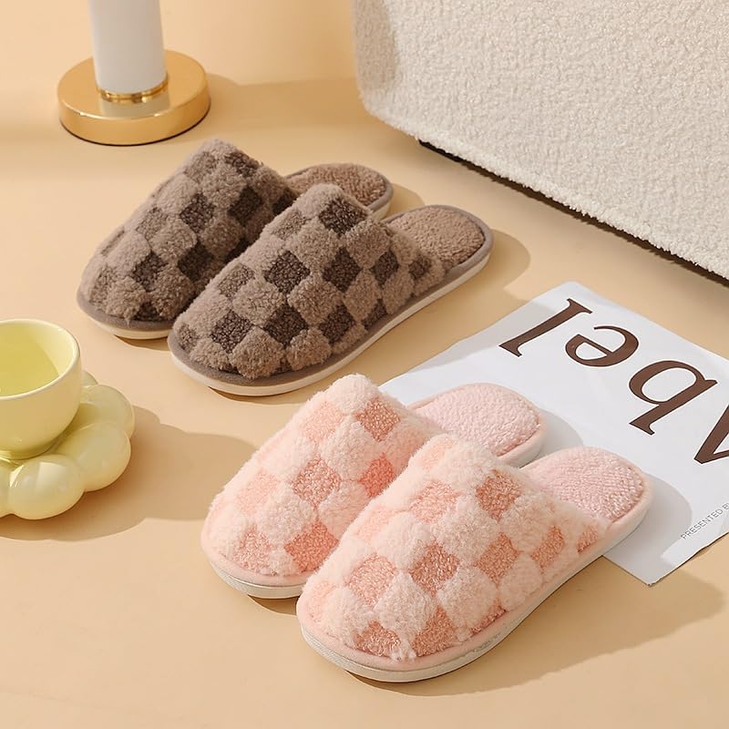 Loizziuy Checkerboard Plush Slippers Winter Warm Cotton Shoes Home Slippers Indoor for Women Furry Shoes Accessories4