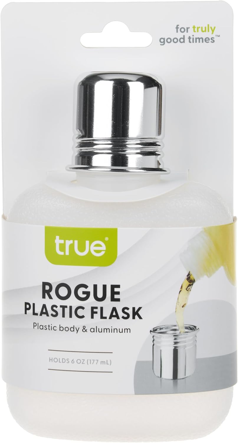 True Rogue Plastic Flask for Liquor, Leakproof Pocket Hip Flask with 1 oz Aluminum Shot Glass Cap for Spirits, Whiskey, Vodka, Tequila, Travel, Outdoor Party, Gifts for Men and Women, 6 oz, Set of 1