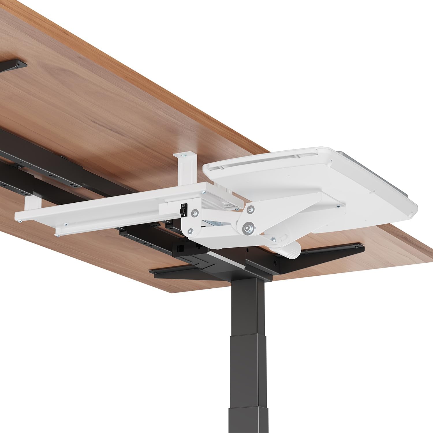 Underside view of the Maclean MC-156W keyboard tray showing the mounting mechanism attached to a desk