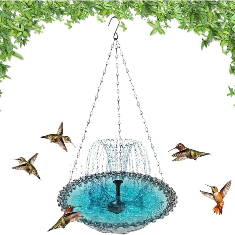 Solar Cascade Hanging Bird Bath Fountain, Outdoor Hanging Bird Bath with Solar Fountain, 2026 New Large Humming Birds Baths Fountains, with Solars Pump & Glass Bowl, for Outdoor, Gardens