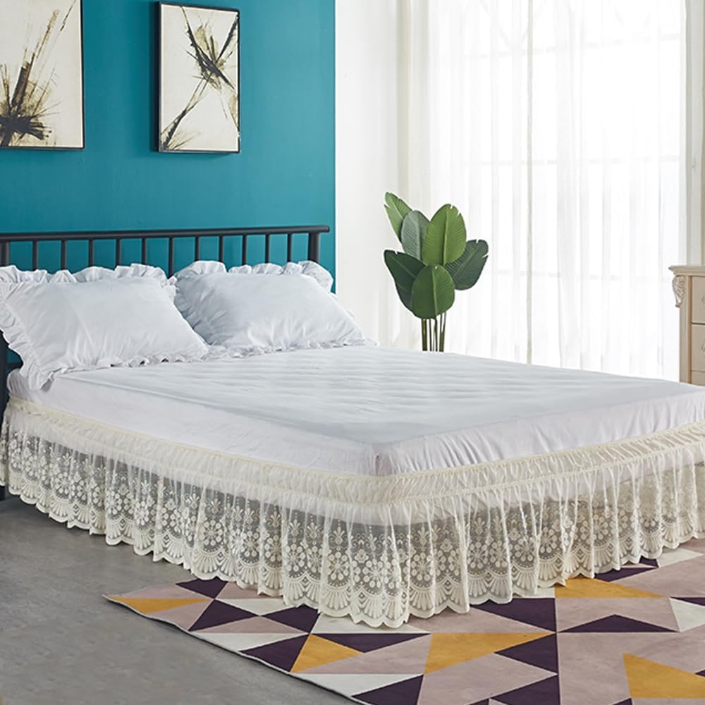 Ivory Lace Bed Skirt for Queen Bed 15in. Drop, Easy Fit