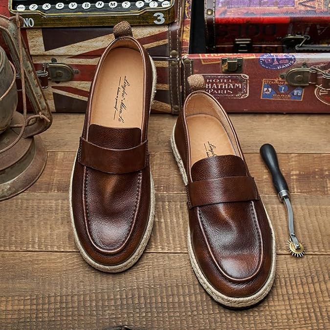 Men's Leathe Loafers Slip-On Shoes with Non-Slip Sole Flat Boat Shoes for Driving Walking Wedding Outdoor Indoor Size