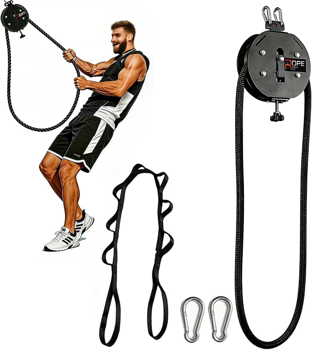Endless Rope Trainer,Adjustable Resistance 66LB,14 FT | Cable pulley system for home gym; portable cable machine, mounts on doors or poles without tools—nylon and solid steel drum.