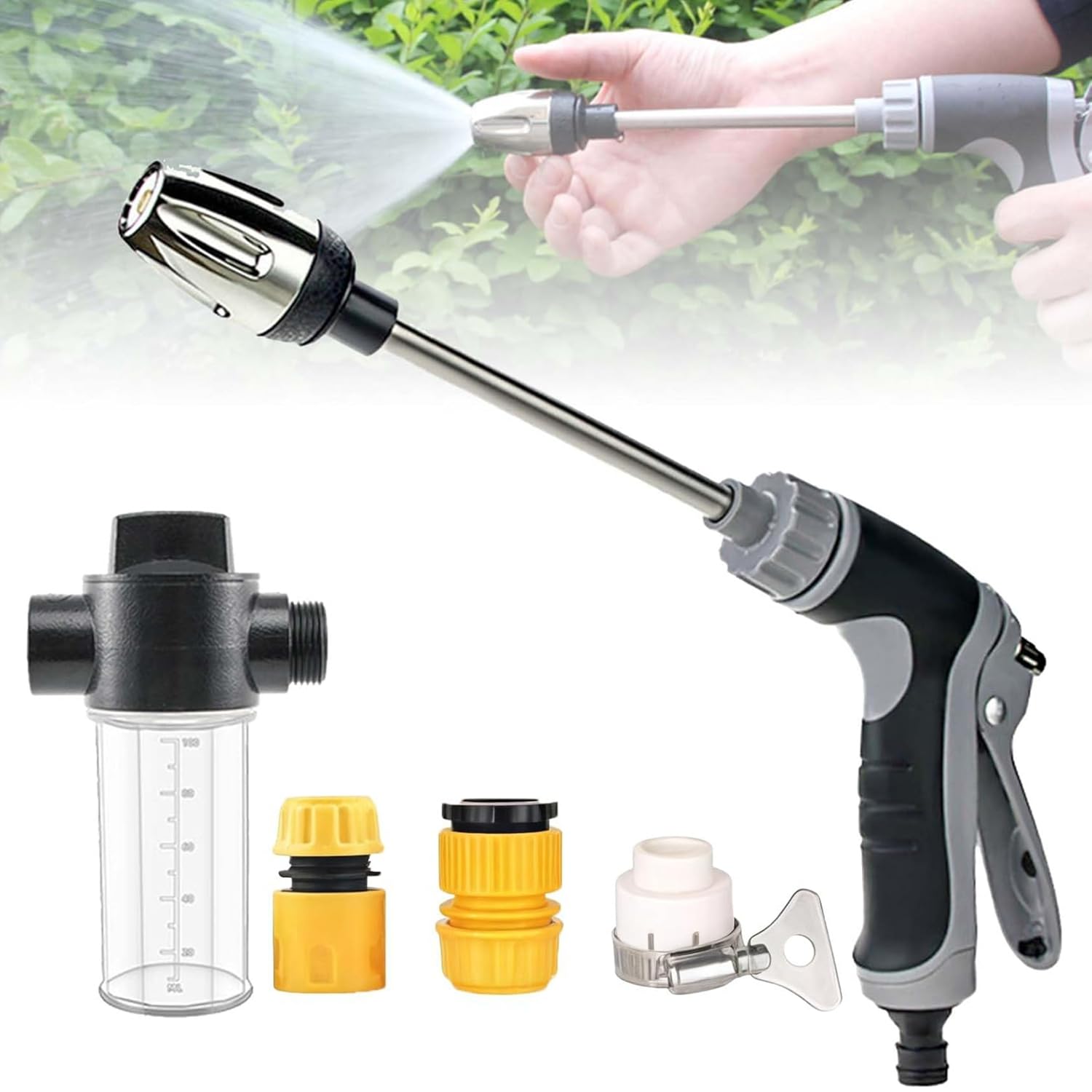 Power Jet Hochdruckpistole, Hochdruckpistole für Gartenschlaauch - 6-10m Sprühweite, 3 Adapter, Hochdruck Spritzpistole Einstellbarer Wasserdurchfluss für Autos, Terrassen & Gartenreinigung (1 pcs)
