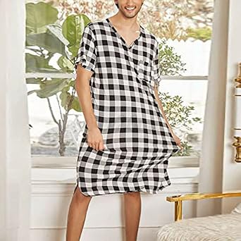Men's Short Sleeve Nightshirt Loose Pajama Sleep Shirt Soft Comfy Nightgown V Neck Night Sleepwear Bathrobes