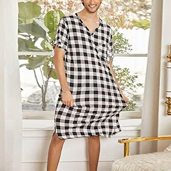 Men's Short Sleeve Nightshirt Loose Pajama Sleep Shirt Soft Comfy Nightgown V Neck Night Sleepwear Bathrobes