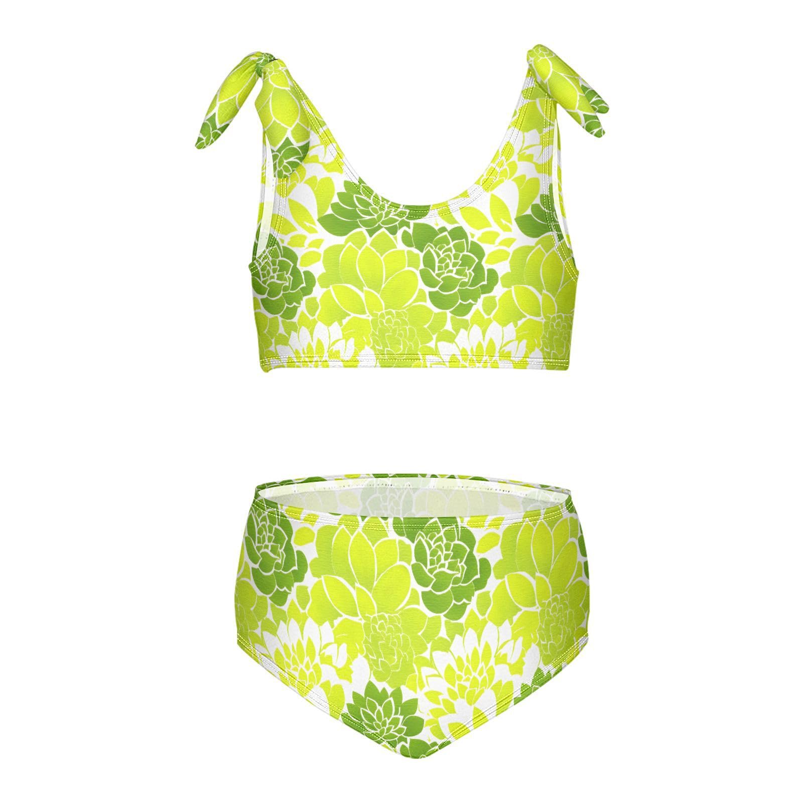 Green Flowers Girls Two Piece Tankini Swimsuits Summer Bathing Suit Beach Swimwear Set, 7-8T