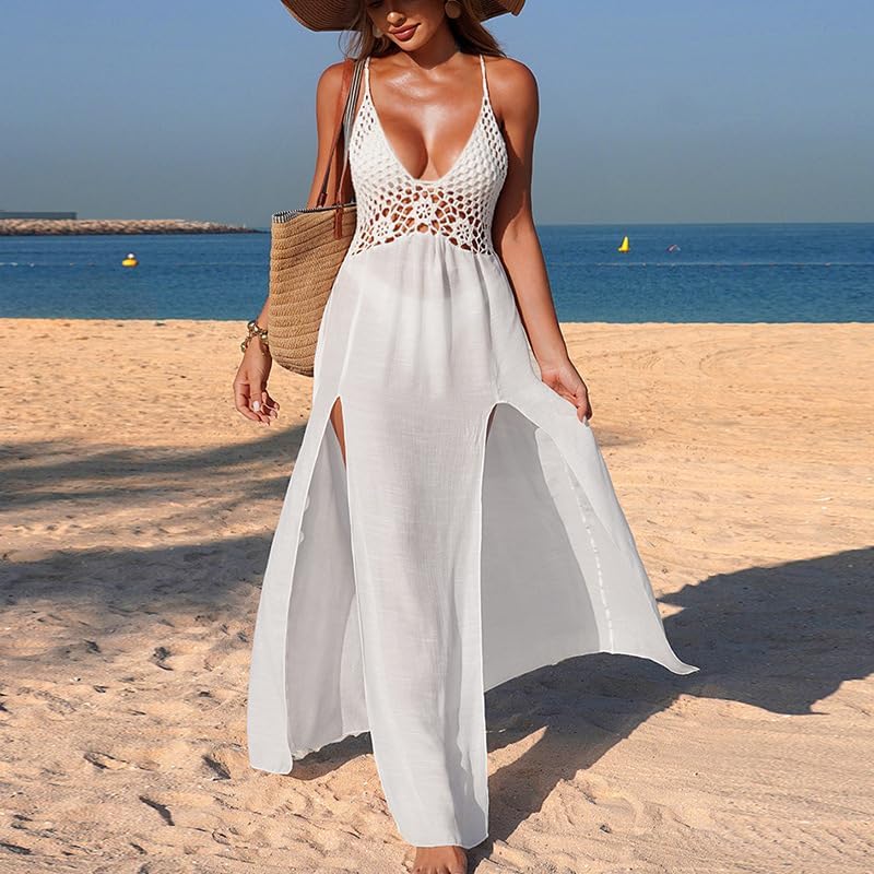 Women's Backless Wrap Maxi Dress - High Slit Beach Dress with Cri...
