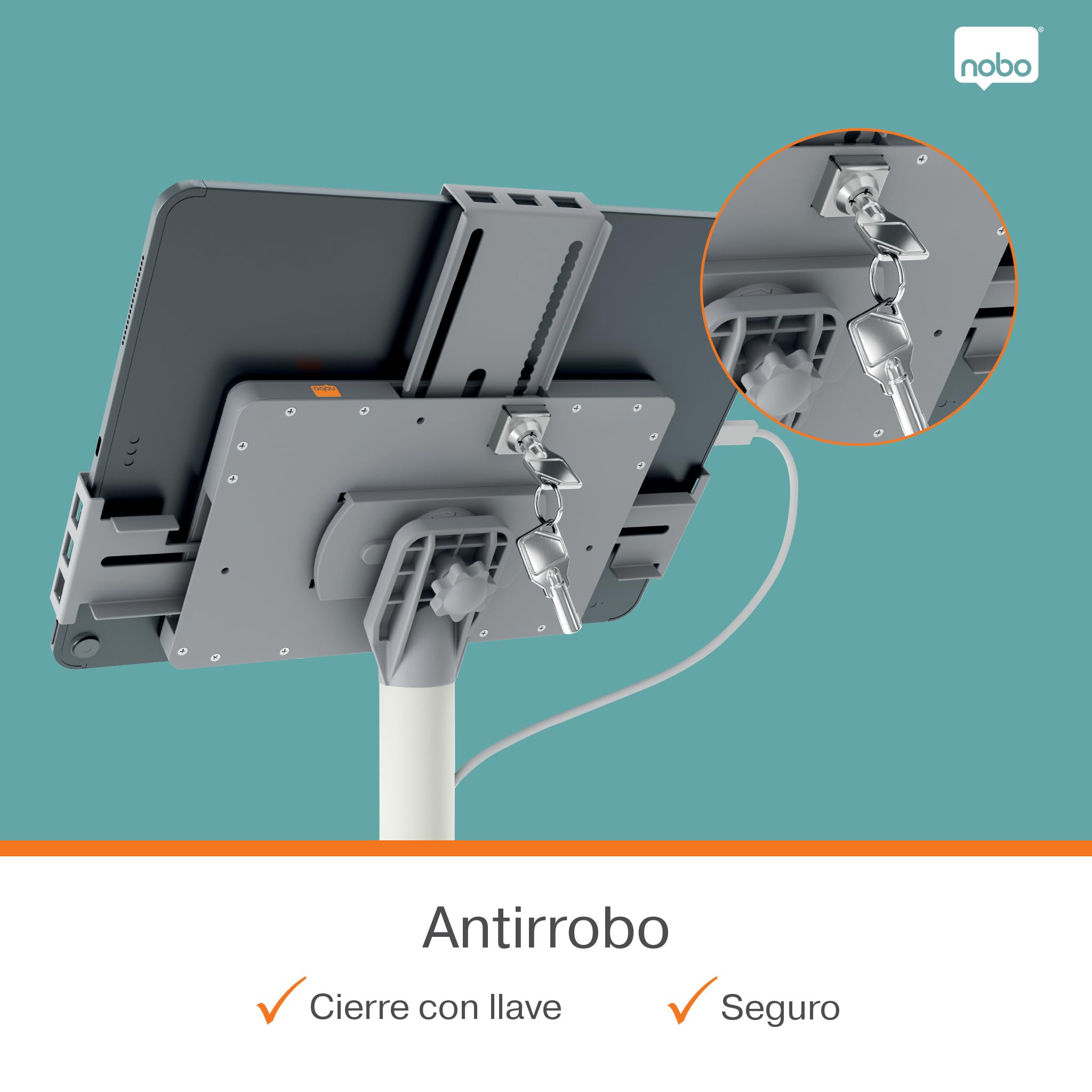 Nobo Impression Pro Soporte de Suelo Tablet, ajustable y con cerradura | Tablets 9"-12,9", altura 690-1190 mm, rotación, gestión de cables, antirrobo, recepción, tienda, aula, blanco