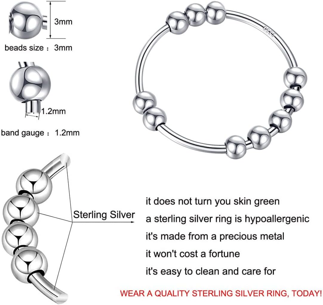Fidget Anxiety Ring for Women, 925 Sterling Silver/Gold Spinning Fidget Ring with Bead - Stress Relief Jewelry Ideal Gift, Thumb Rings for Anxiety - Image 2