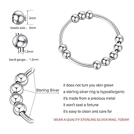 BLBLJERY Fidget Anxiety Ring for Women, 925 Sterling Silver Spinning Fidget Ring with Bead - Stress Relief Jewelry Ideal Gift, Thumb Rings for Anxiety (Size 6)