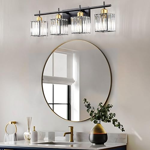 Miniatura 2 de Lámpara moderna de cristal de 28.2 pulgadas, 4 luces de tocador de baño, accesorios de iluminación de baño de cristal negro mate y dorado sobre el