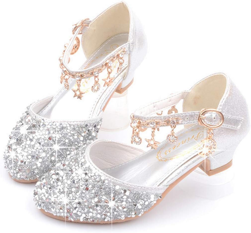 GOJERPLFHT Little Kids Girls Dress Pumps Glitter Sequins Princess Low Heels Mary Jane Party Dance Shoes Rhinestone Sandals