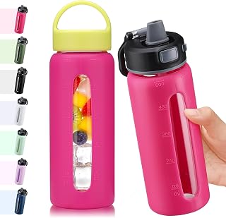 BLUEGO 600ml Glas Wasserflasche mit 2 Deckeln- One-Touch Verschlussdeckel und Griffdeckel Wiederverwendbare Trinkflasche mit Zeitskala für Reisen Zuhause Fitnessstudio Sport BPA-frei, Rosarot