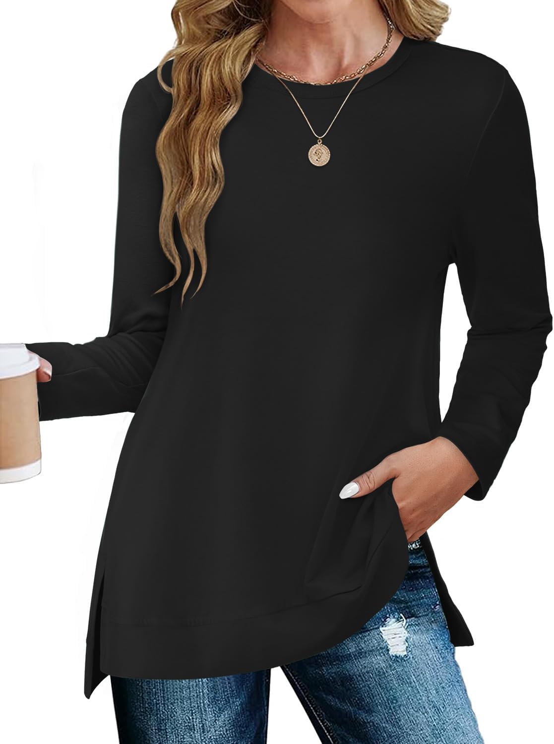 JUSTFASHIONNOW Womens Long Sleeve Tunic Tops to Wear with Leggings Crew Neck Side Split Layering Shirts Loose Fit Long Tops - Image 3
