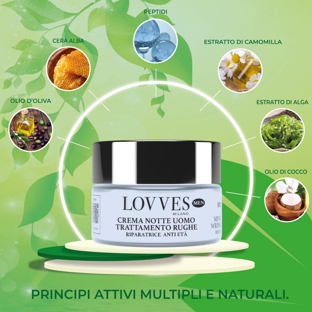 LOVVES Crema de Noche Antiarrugas para Hombre, Alta Cosmética Natural, Repara la piel, Antioxidante y Regeneradora, Previene el Envejecimiento Prematuro, Absorción Rápida, 50ml