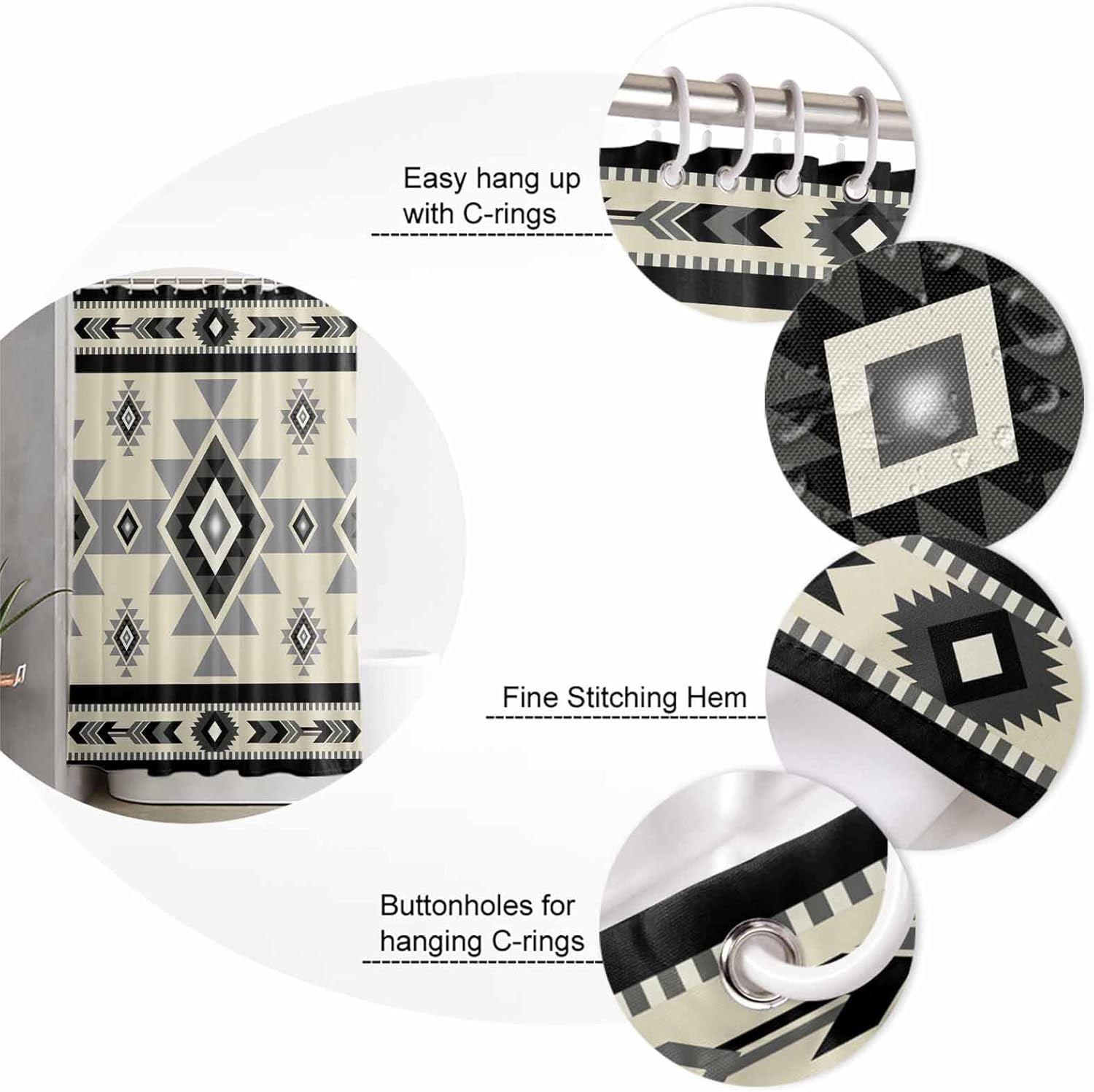 Decorative Shower Curtain Black Polyester Fabric Waterproof Bath Shower Curtains Bathroom Accessories Western Southwest Native American Indian Machine Washable Curtain 72x78 Inch for Home Hotel