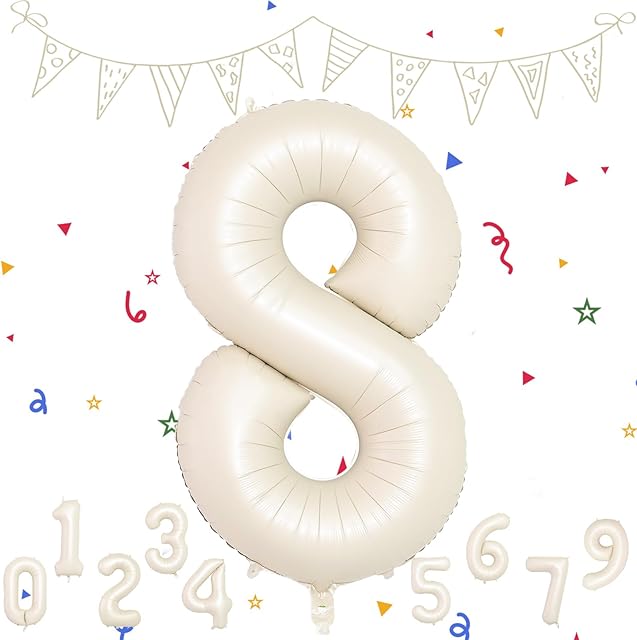Cream 8 Balloons, Number 8 Balloons, 40 Inch 8th Birthday Balloons Helium Digital Balloon for Boys Girls First Birthday Party Anniversary Decorations Nude Ballons Neutral Balloon Cream 8