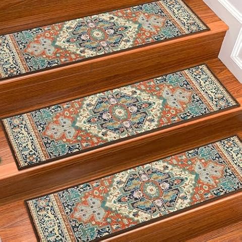 Stair Treads for Wooden Steps Indoor, 15 Pack 8" X 30" Non Slip Carpet Stair Treads with Reusable Adhesive for Kids Elders and Dogs, TPR Backing Stair Rugs Oriental Staircase Step Treads,Bohemia Cover