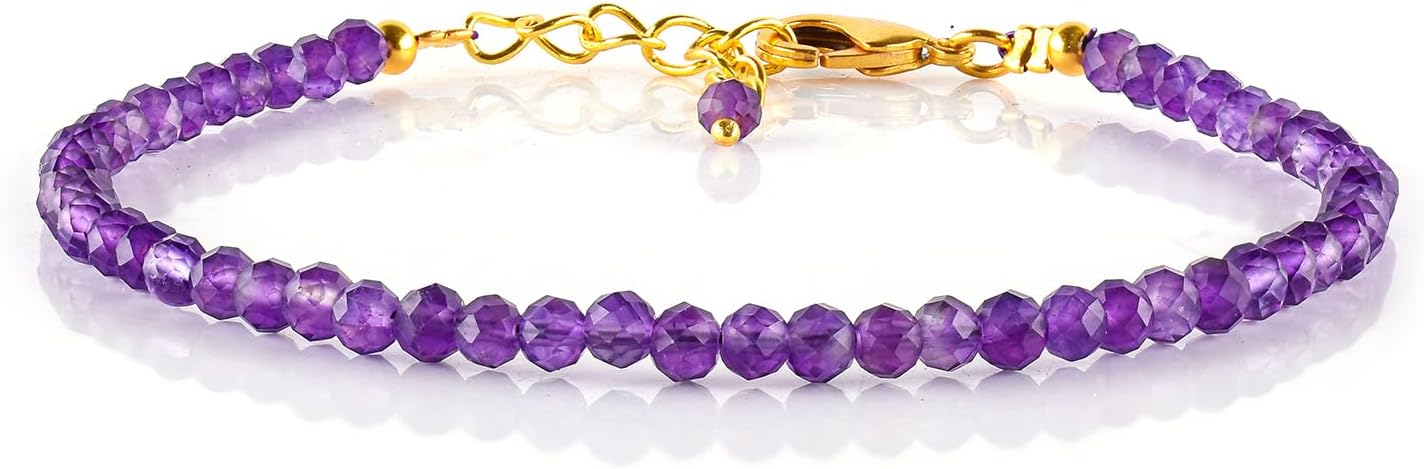 Natural Gemstone Micro Beads Dainty Bracelet Jewelry for Women, Birthstone, Chakra Energy Crystals, 14k Gold Plated Chain 8 inch Adjustable