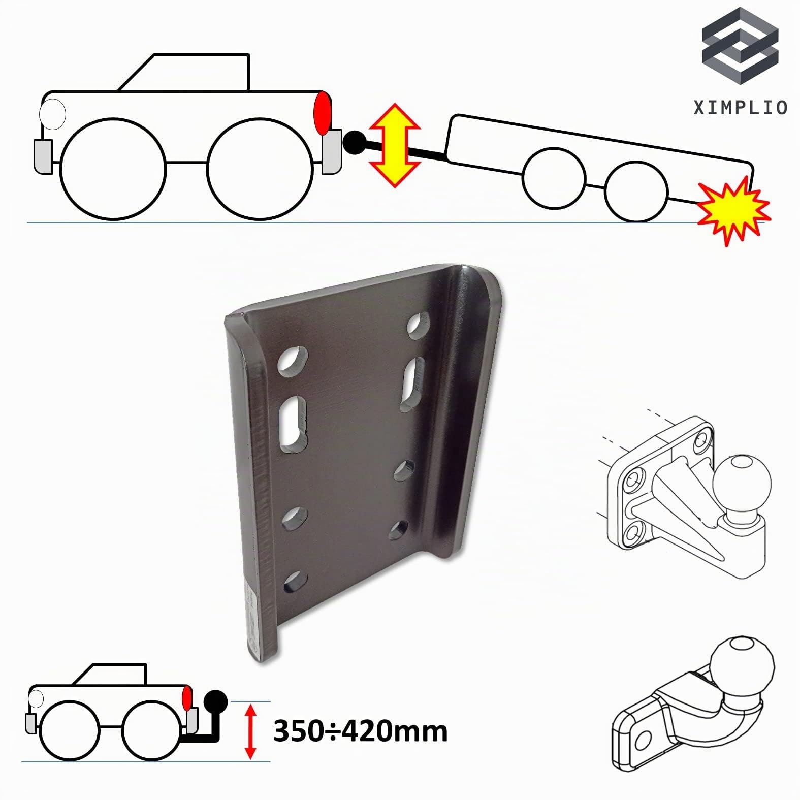 XIMPLIO Plaque d'adaptation universelle pour réglage de la hauteur de la boule avec ABE pour attelage de remorque, plaque de fixation AHK 2 trous 90 mm/4 trous 83 x 56 mm (avec vis 4 x M12)