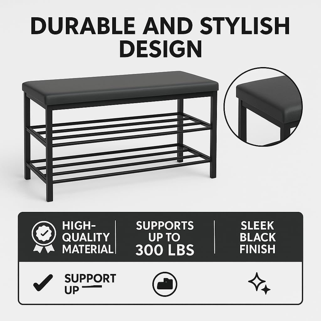 USTECH Shoe Storage Bench with 3 Tier Standing Shelf and Comfortable Seat | Perfect Entryway Cabinet and Long Bench Seat Solution