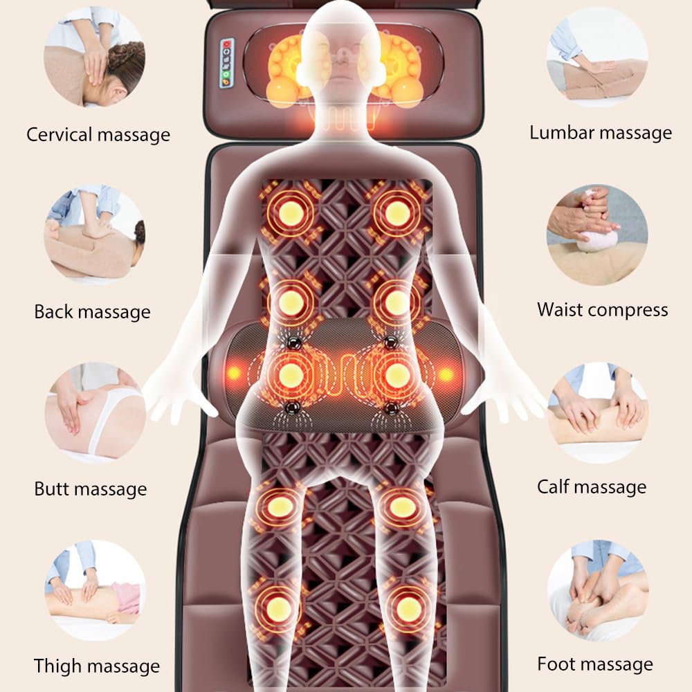 Tapis de Massage Complet du Corps, Matelas de Massage, 10 moteurs Vibrants, Tapis de Massage Vibrant mit Chauffant, 5 Modes, 3 Intensités, Relaxation Musculaire pour dos&épaules