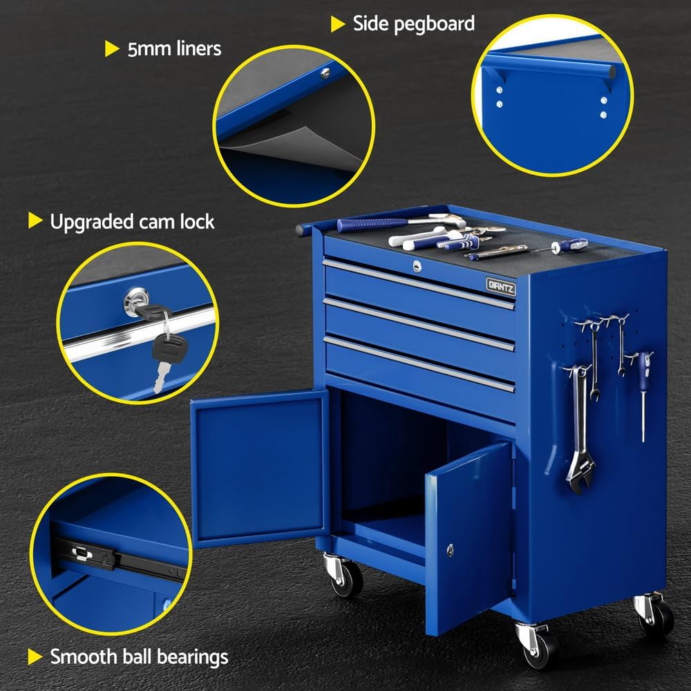 3 Drawers Large Tool Chest Trolley, Lockable Tool Box Tools Storage Box Cabinet Cart Garage Ute Organiser Boxes, 100kg Capacity Heavy Duty with Wheels Brake Sturdy Construction Blue