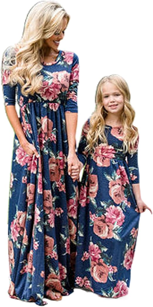 Amazon.com: Mommy and Me Maxi Dresses Casual Floral Printed Plaid Long Sleeve Family Matching 