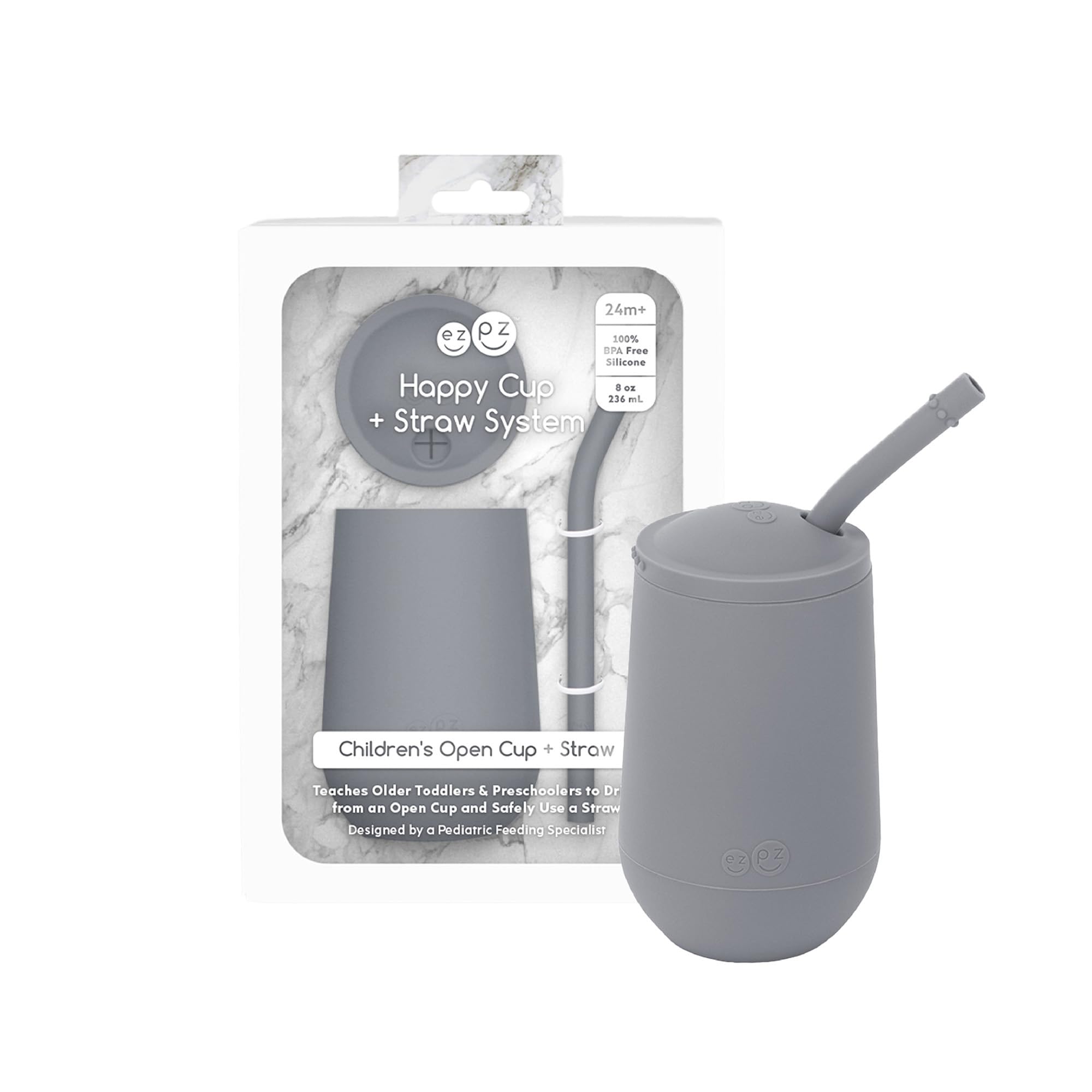 ezpz Happy Cup + Straw Training System - 100% Silicone Training Cup for Toddlers + Preschoolers + Kids - Designed by a Pediatric Feeding Specialist - Non-Slip, Tactile Bumps - 237ml - 24 Months+(Grey)-image-23