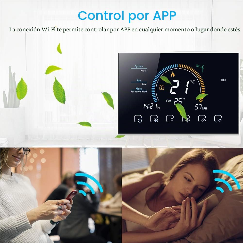 Termostato WiFi 2 Tubos Aire Acondicionado, LCD Clima e índice UV