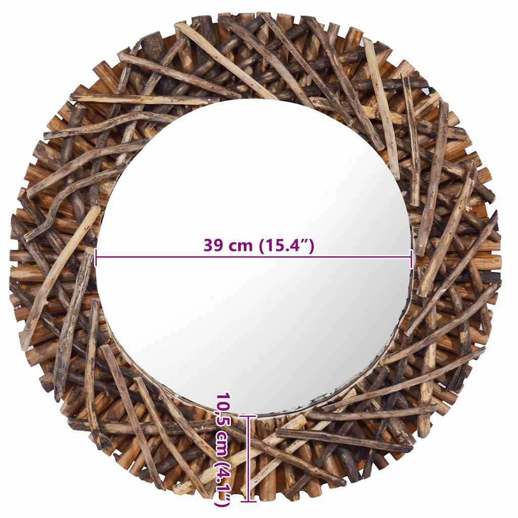 Lustro ścienne 60 cm, okrągłe, z drewna tekowego ze szkłem, naturalna rama z gałęzi, gotowe do montażu, z haczykami, do łazienki, salonu, przedpokoju i toaletki