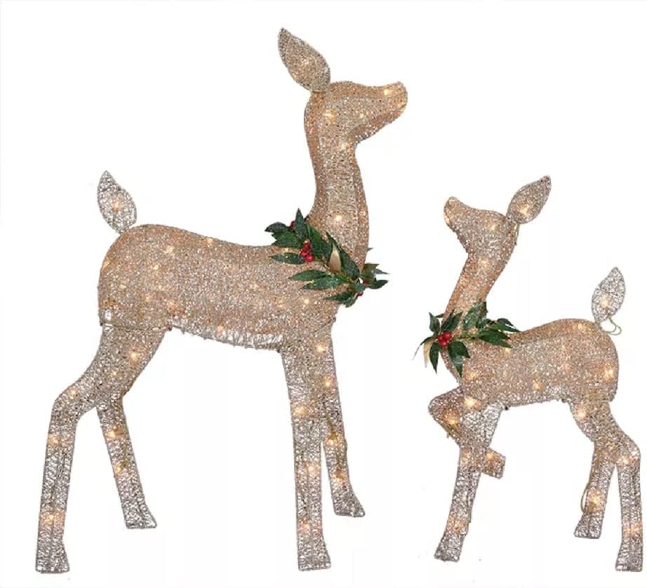 38 Inch Tall - Glittering Brown Doe and Fawn Reindeer Set - 85 Clear Lights, Holiday Decor