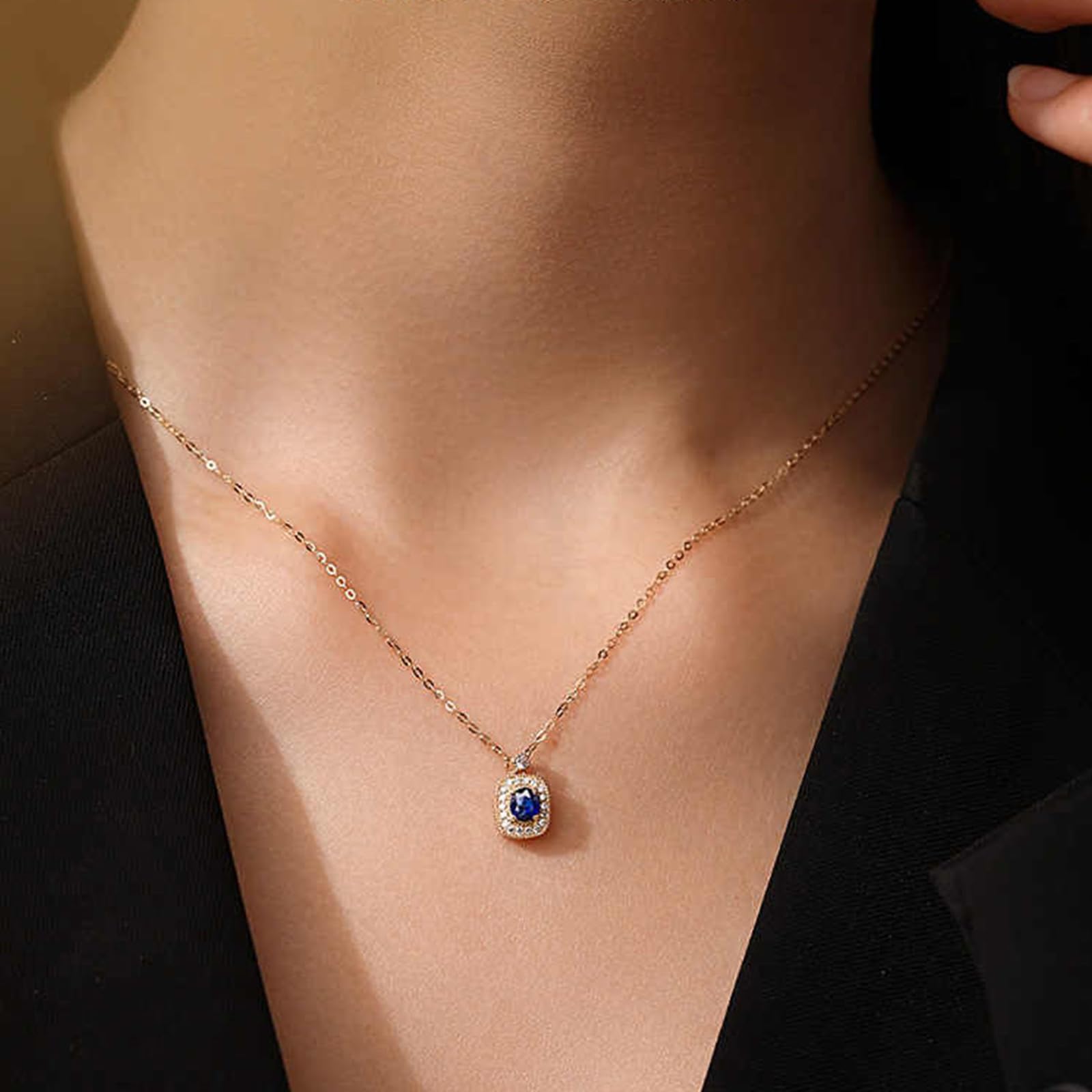 Daesar Halskette Damen Gold 750 585 375, Charms Anhänger mit 0.35ct Oval Saphir und 0.12ct Diamant Kette Gold 45CM Wasserfest für Frauen
