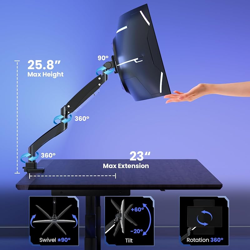 PUTORSEN Monitortartó Kar 22-57" Képernyőkhöz - Magasságállítható Asztali Monitorrögzítő 27kg-ig, VESA 200x200mm, Ultraszéles Monitorokhoz,