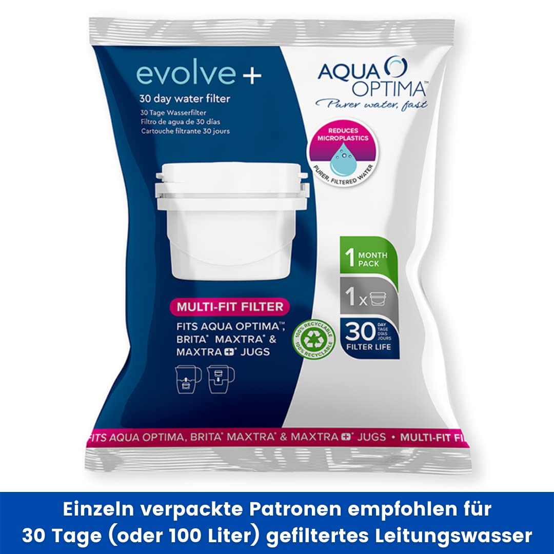 Aqua Optima Evolve+ Cartouche Filtrante à Eau 30 jours, paquet de 12 (jusqu'à 12 mois d'approvisionnement), Compatible avec plus de 90 % des carafes filtrantes, y compris Brita Maxtra et Maxtra+