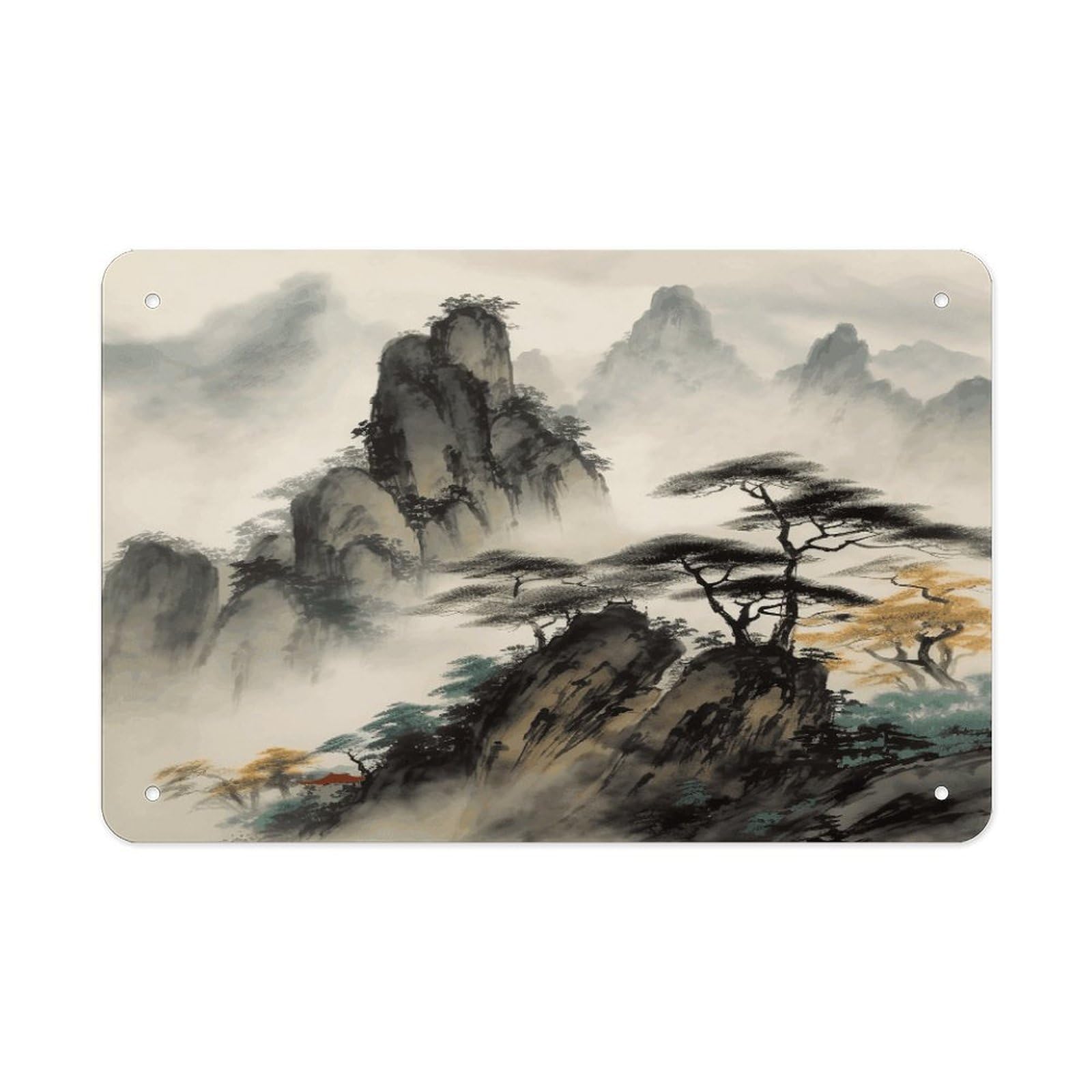 Chinese Landscape Painting Metal Tin Sign 12"x8" Wall Art Prints Poster Decorative Picture Metal Signboard Decor Painting Folded Edge Iron Sheet Painting with Holes for Wall Decor