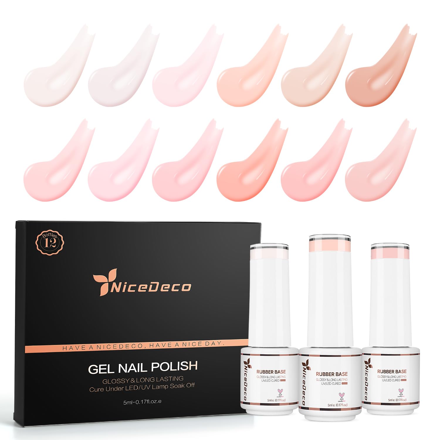 Nicedeco Rubber Base Gel Polish for Nails, Hema Free, Cruelty Free, Vegan, 12 Pcs Rubber Gel Nail Strengthener Nude Pink Nail Polish Kit 2
