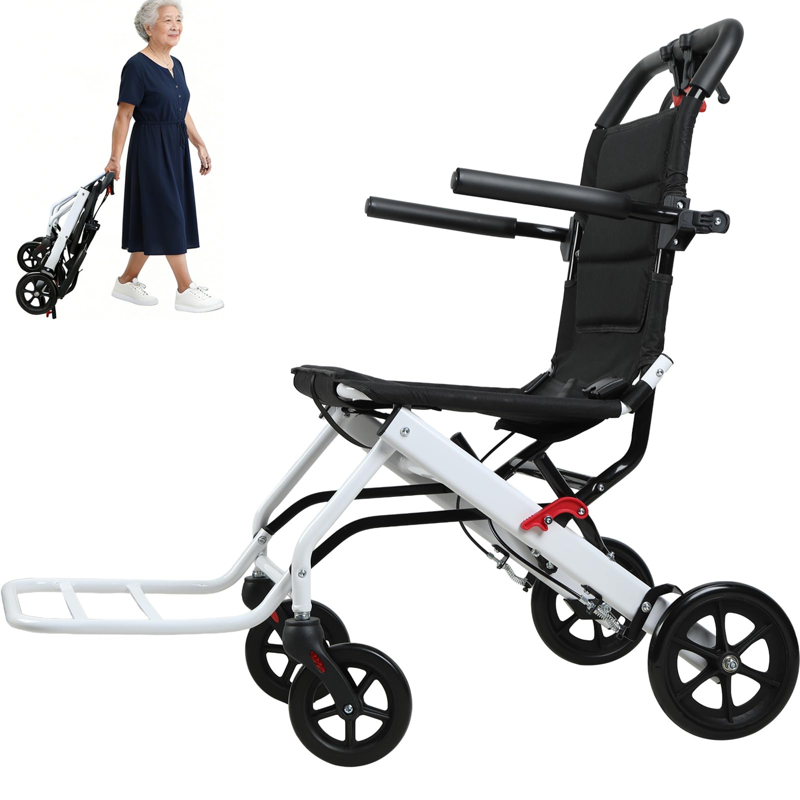 Wheelchairs for Adults, Transport Wheelchair Lightweight Foldable(18.5lbs), 18 Inch Wide-Seat Transport Chair, Aluminum Portable Wheelchairs with Handbrake, Support 265lbs