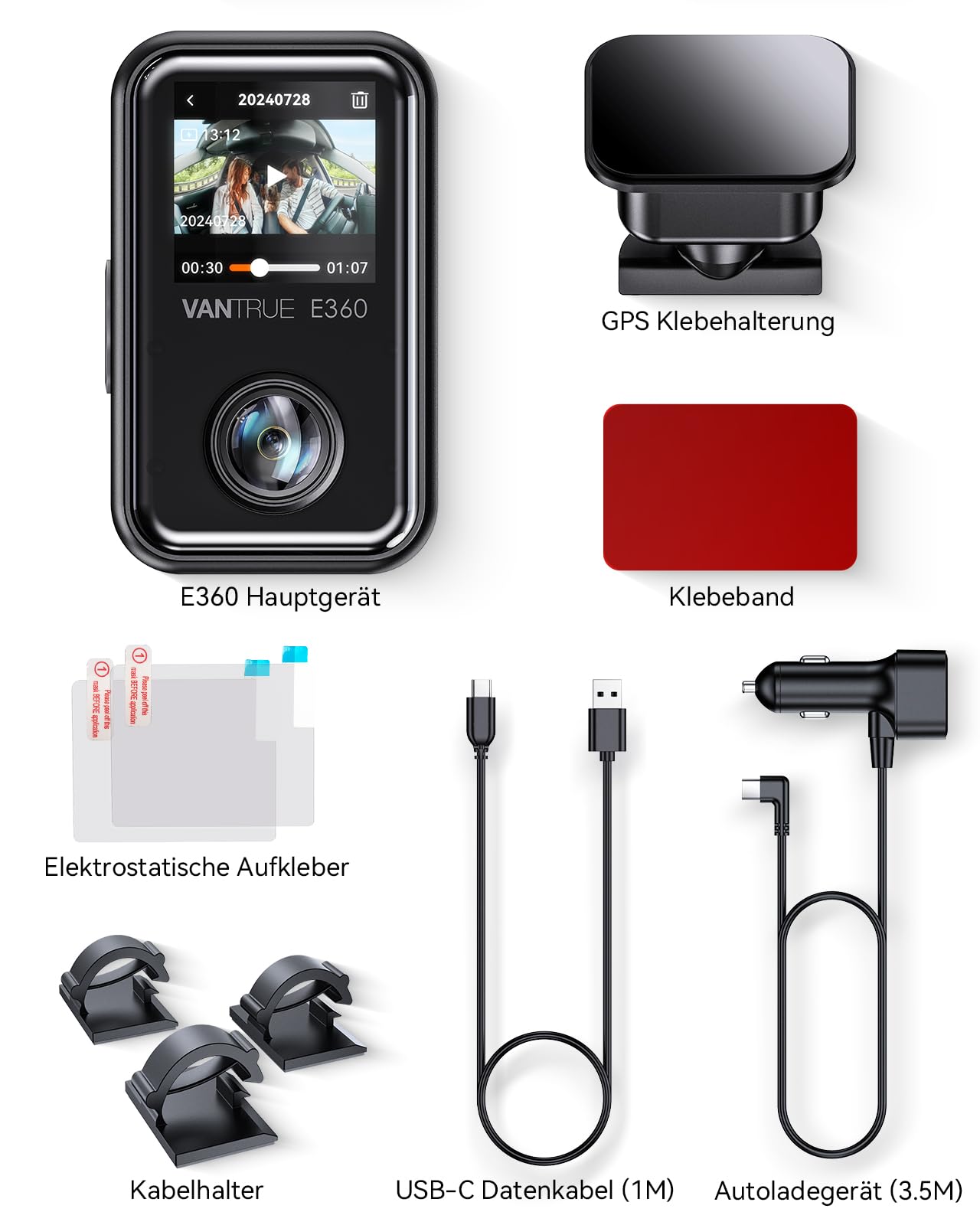 VANTRUE E360 Panorama Dashcam Auto Vorne Innen, 1.54″ Touchscreen | Dual STARVIS 2 HDR Dash Cam, 360° Parküberwachung mit WiFi App, GPS, max. 1TB Erweiterbar (Heckkamera/Tragehalterung)