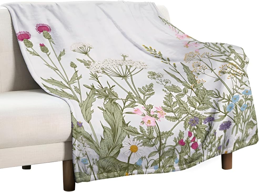 Ouinice Floral Throw Blanket, Soft Warm Flannel Wildflower