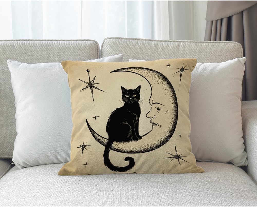 Moslion Cats Moon Throw Pillow Cover Pillow Case Black Cat Sits on The Moon Face Star Cotton Linen Pillow Case 18 x 18 Inch Cushion Cover for Sofa Living Room Light Brown