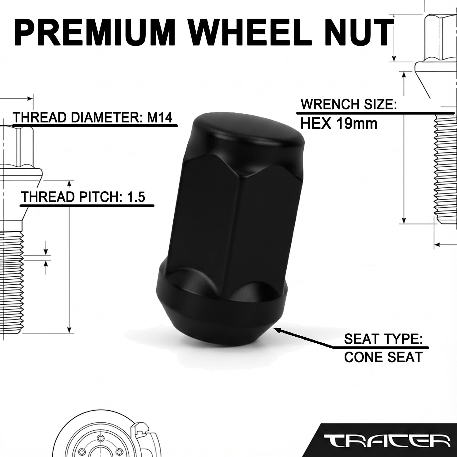 TRACER 20 dadi ruota neri collare conico chiuso M14x1,5 compatibile con Chrysler, Ford, Land Rover, Opel