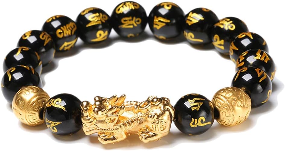 Stylelove Black Obsidian Wealth Bracelet with Golden Pi Xiu Lucky Wealthy Amulet Bracelet and Attract Wealth and Good Luck